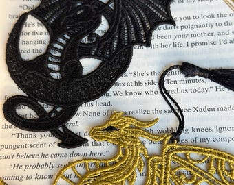 Marcapáginas de dragón de ónix y oro, marcapáginas de jinete de dragón, marcapáginas, aficionado a los libros, lector de fantasía, novela romántica