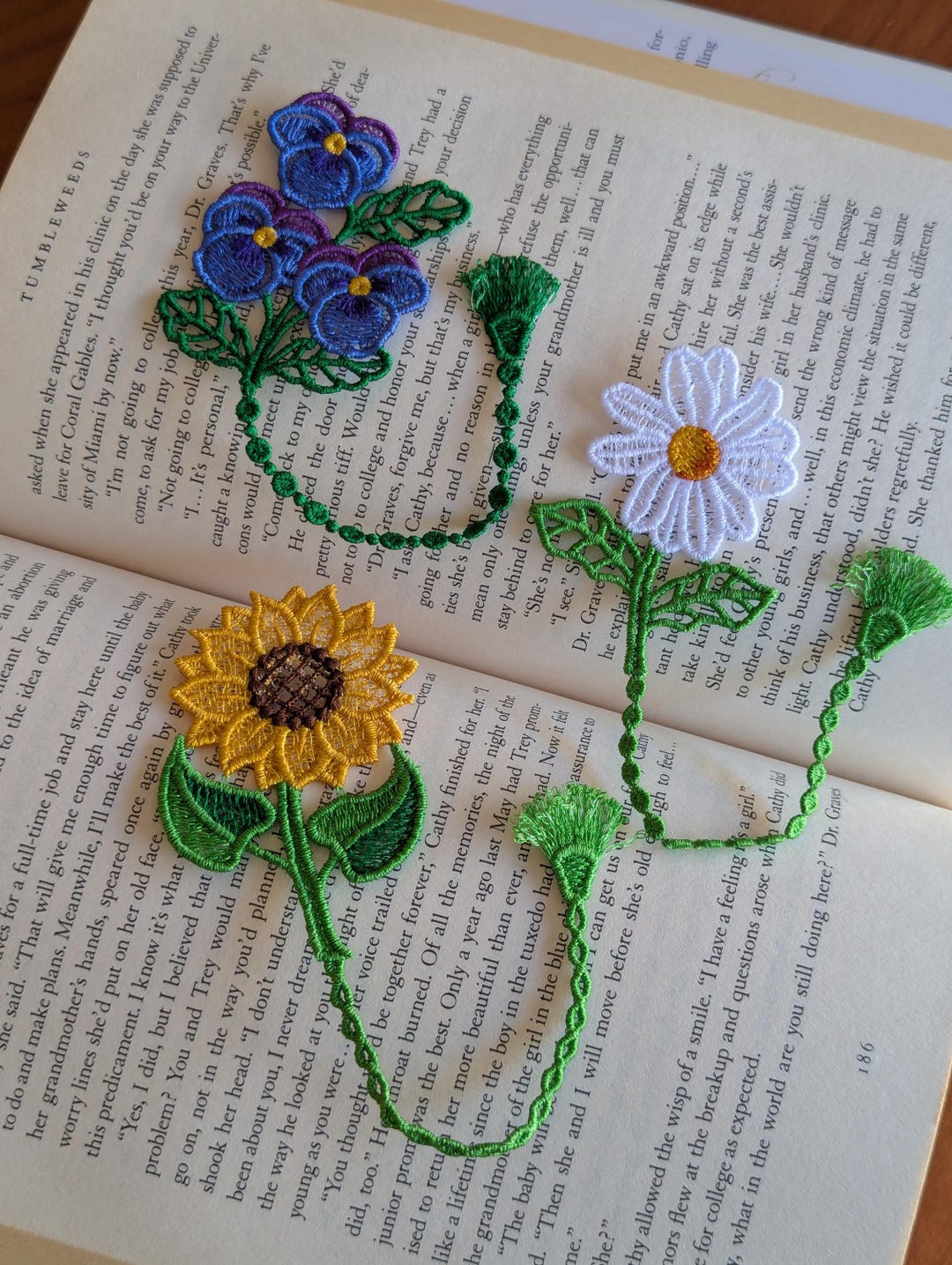 Floral Bookmark, Daisy, Sunflower, Pansy, Flower Stem Lace Bookmark ...