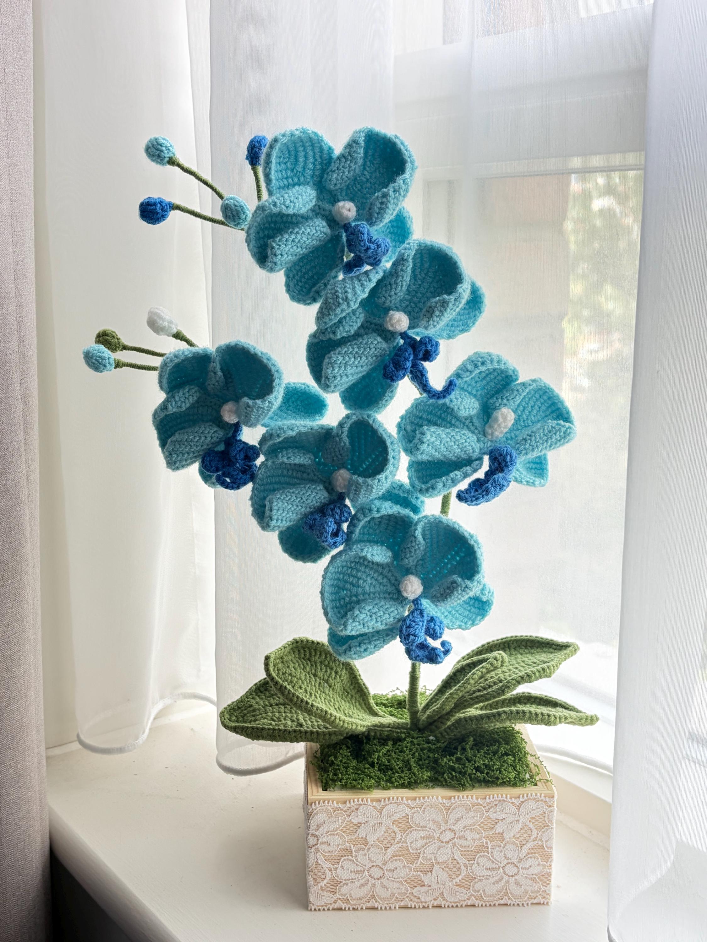 Crocheted Blue/Pink Orchid Arrangement, Wooden Planter, Forever Flower Home Decor