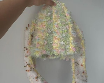 Handmade Fluffy Bunny Ear Hat – Pastel Multicolour Cosy Cap with Long Ears