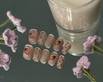 Cat Eye Strawberry Press-On Nails: Kawaii Pink Hand Painted Nail Art