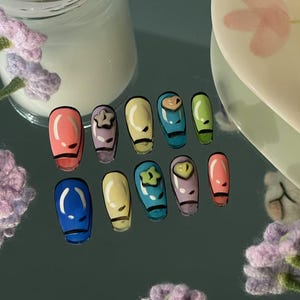 Cute Star Press-On Nails | Cartoon Pop Art Nails | Short & Long Sizes | Kawaii Fake Nails Set | Reusable Nail Art | Handmade Nails