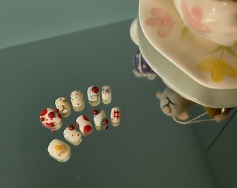 3D Tomato Press-On Nails: Kawaii Egg Hand Painted Nail Art