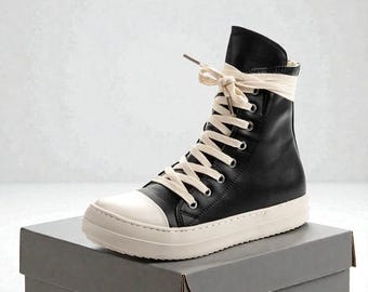 Black High Top Sneakers with Zipper | Unisex Vegan Leather Shoes | Minimal Streetwear Boots