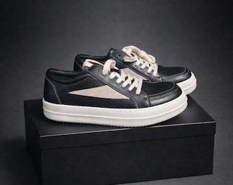 Black Genuine Leather Platform Sneakers, Minimal Low Top Street Style Footwear