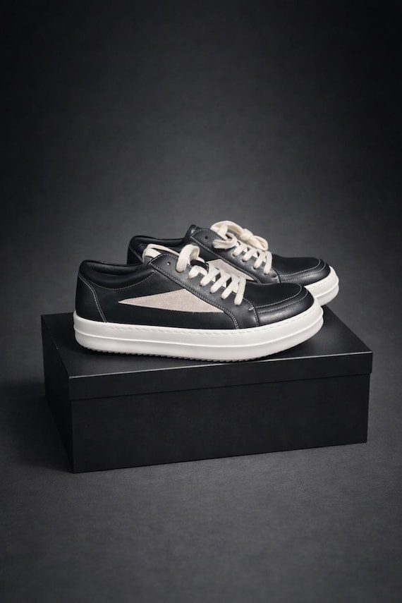 Black Genuine Leather Platform Sneakers, Minimal Low Top Street Style Footwear