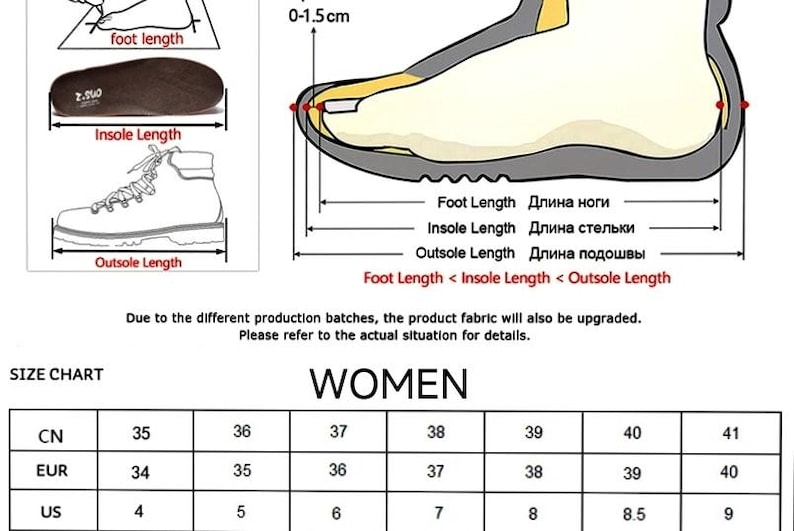 Pode incluir: Diagrama que ilustra o dimensionamento de sapatos com medidas em cm para o comprimento do p&eacute;, o comprimento da palmilha e o comprimento da sola. Inclui uma tabela de tamanhos para mulheres, mostrando as convers&otilde;es entre os tamanhos CN, EUR e US. O texto diz "MULHERES".