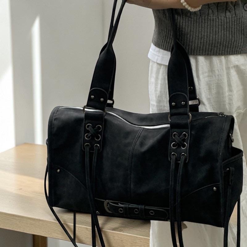 Y2K Grunge Shoulder Bag | Lace up Tote, Moto Punk Handbag, PU