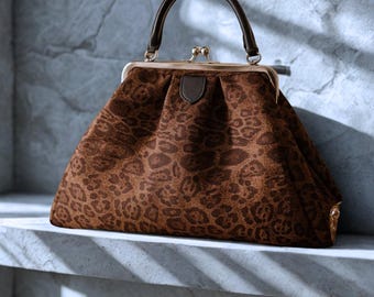 Leopard Print Kiss Lock Handbag | Vintage Frame Tote, Retro Shoulder Bag