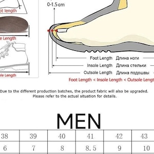 Pode incluir: Diagrama que ilustra as medidas de tamanhos de sapatos, incluindo o comprimento do p&eacute;, o comprimento da palmilha e o comprimento da sola. Inclui uma tabela de tamanhos para homens com tamanhos EUR e US. Nota: o tecido pode variar.