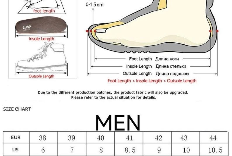 Pode incluir: Diagrama que ilustra as medidas de tamanhos de sapatos, incluindo o comprimento do p&eacute;, o comprimento da palmilha e o comprimento da sola. Inclui uma tabela de tamanhos para homens com tamanhos EUR e US. Nota: o tecido pode variar.