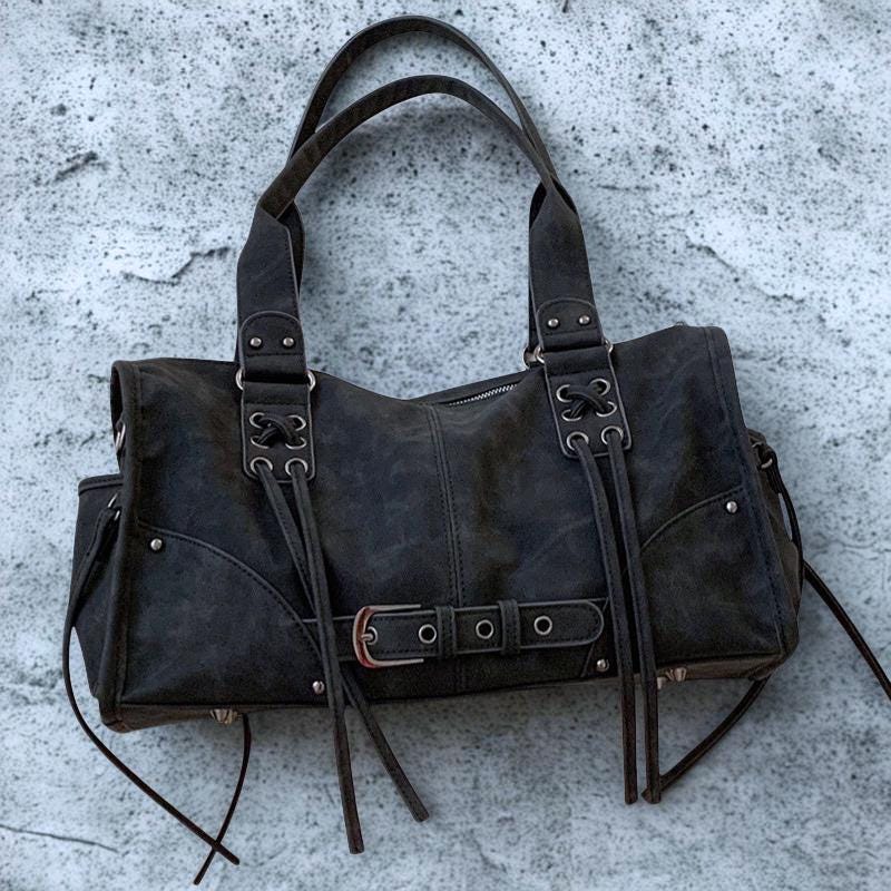 Y2K Grunge Shoulder Bag | Lace up Tote, Moto Punk Handbag, PU 