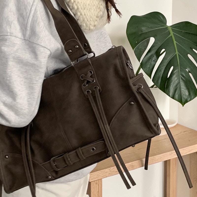 Y2K Grunge Shoulder Bag | Lace up Tote, Moto Punk Handbag, PU