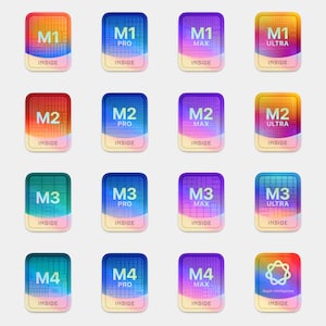 Könnte beinhalten: Eine grafische Darstellung verschiedener Apple M-Serie-Chips, darunter M1, M2, M3 und M4. Jeder Chip ist mit seinem Namen und einer Bezeichnung als Pro, Max, Ultra oder Inside gekennzeichnet. Die Chips sind in einem Raster mit einem Farbverlauf angeordnet.