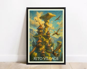 Rito Village Travel Poster Print – Legend of Zelda Cliffside Bird Village Wall Art – Breath of the Wild Scenic Nest Scene – Digital Download
