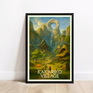 Travel Poster — Mountain Shrine Village Travel Poster Print Tranquil Town Wall Art Scene Digital Download | Digital Download