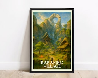 Kakariko Village Travel Poster Print - Legend of Zelda Tranquil Town Wall Art - Breath of the Wild Mountain Village Scene - Digital Download