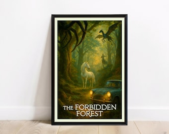 Puede incluir: Impresión artística enmarcada que representa una escena de fantasía en un bosque. Un unicornio blanco se encuentra en un claro, con un dragón volando por encima. Un coche antiguo está aparcado en primer plano, con el texto "THE FORBIDDEN FOREST" en la parte inferior.