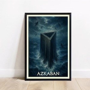 May include: Framed art print featuring a dark, imposing structure rising from turbulent waters under a stormy sky. The artwork has a dramatic, fantasy theme, with the word "AZKABAN" displayed at the bottom in white.