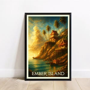 Puede incluir: Impresión artística enmarcada de una escena de isla tropical. La obra representa edificios tradicionales con tejados rojos en un acantilado, palmeras y barcos en el agua. El texto "EMBER ISLAND" está en la parte inferior de la impresión.