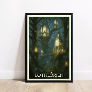May include: Framed art print depicting the elven city of Lothlórien, nestled in a forest. The artwork features glowing structures among the trees, with two figures walking up a staircase. The title "Lothlórien" is displayed at the bottom.