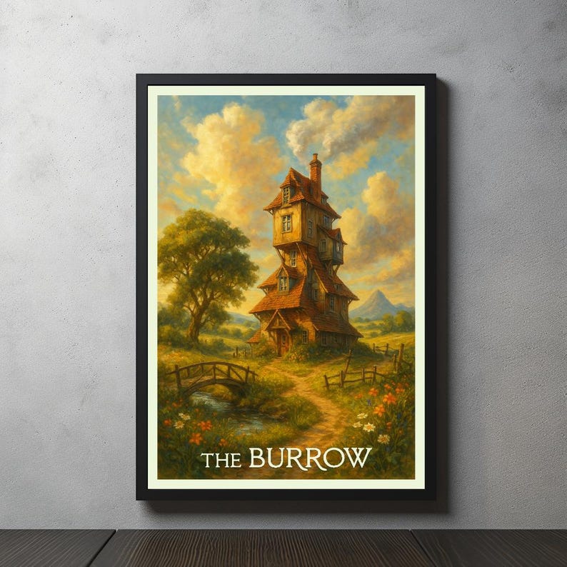 May include: A framed print of a whimsical, multi-story house with a red tile roof, chimney, and smoke. The artwork features a bridge, a path, a tree, and the text "THE BURROW" at the bottom. The sky is filled with clouds, and the overall scene is set in a field.
