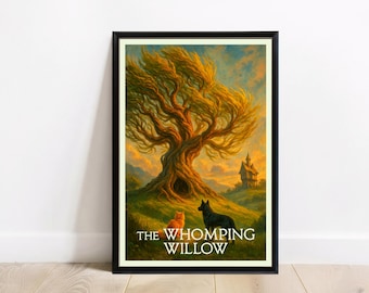 Puede incluir: Impresión artística enmarcada que representa un gran árbol con hojas doradas y un tronco hueco. Un gato naranja y un perro negro están en un campo de hierba. El texto "THE WHOMPING WILLOW" está en la parte inferior.
