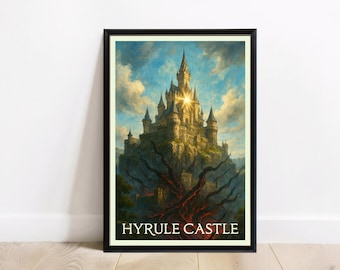 Hyrule Castle Travel Poster Print - Legend of Zelda Royal Fortress Wall Art - Breath of the Wild Fantasy Kingdom Scene - Digital Download