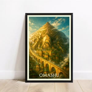 Puede incluir: Impresión artística enmarcada de una ciudad montañosa con una estructura en forma de pirámide. La obra presenta un largo puente arqueado y la palabra "OMASHU" en la parte inferior. La paleta de colores incluye tonos dorados, verdes y azules, con un cielo brillante.