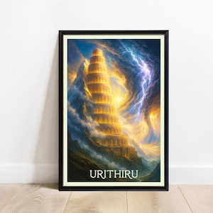 May include: A framed art print depicting a spiraling tower illuminated by golden light, set amidst clouds and mountains. The artwork includes the word "URITHIRU" at the bottom, with a dramatic sky and lightning bolts adding to the scene.