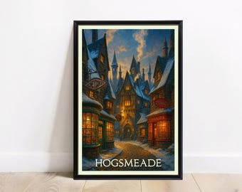 Travel Poster — Snowy Wizard Village Travel Poster Print Wall Art Magical Town Scene Digital Download | Digital Download