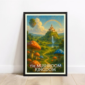 The Mushroom Kingdom Travel Poster Print - Mario Fantasy World Wall Art - Princess Peach Castle Landscape - Digital Download