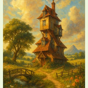 May include: An artistic painting of a whimsical, multi-story house with a red tile roof, chimney, and multiple windows. The house is set in a lush, green landscape with a small bridge, a winding path, and the text "THE BURROW" at the bottom.
