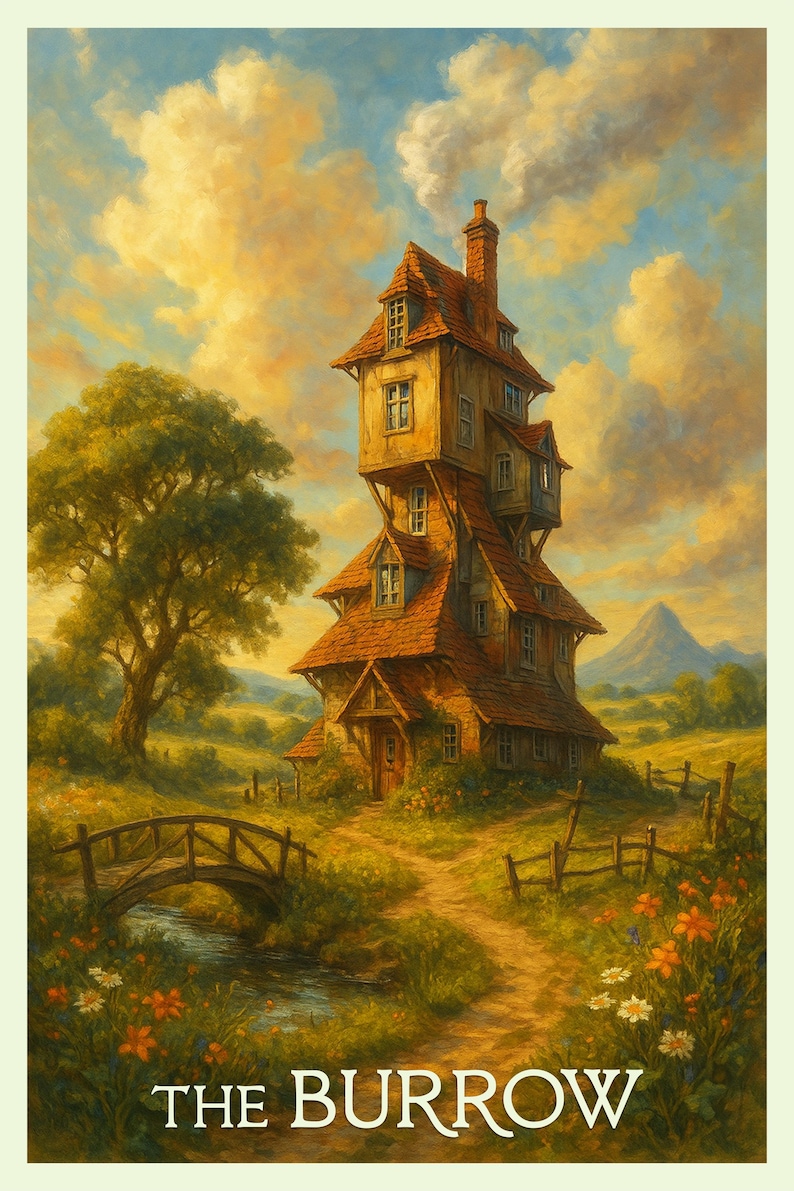 May include: An artistic painting of a whimsical, multi-story house with a red tile roof, chimney, and multiple windows. The house is set in a lush, green landscape with a small bridge, a winding path, and the text "THE BURROW" at the bottom.