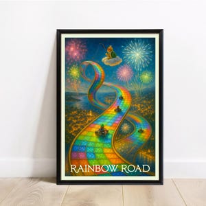 Puede incluir: Impresión artística enmarcada que presenta un vibrante camino de arcoíris con karts de carreras. La obra de arte incluye fuegos artificiales, un personaje en una nube y el texto "RAINBOW ROAD" en la parte inferior. La impresión está ambientada contra un cielo nocturno.