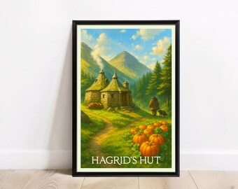 Puede incluir: Impresión artística enmarcada de la cabaña de Hagrid de la serie Harry Potter. La obra de arte representa una cabaña de piedra con techo de paja, un camino y calabazas. Una figura y un perro están en el fondo, con montañas y árboles. El texto "HAGRID'S HUT" está en la parte inferior.