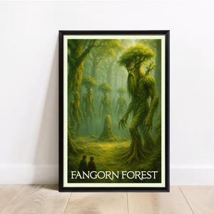 May include: A framed art print depicting a fantastical forest scene. The artwork features humanoid tree-like figures in a lush, green forest. The text "FANGORN FOREST" is displayed at the bottom of the print.