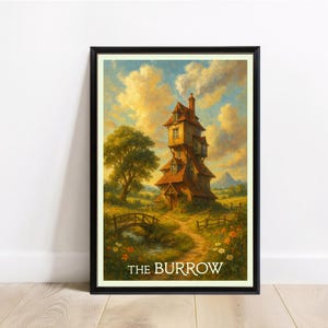 May include: A framed art print depicting a tall, multi-storey house with a red roof and chimney, set in a picturesque landscape. The image includes a bridge, a tree, and the text "THE BURROW" at the bottom, evoking a storybook feel.