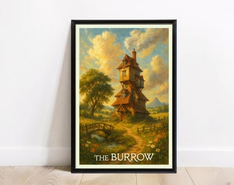 Puede incluir: Impresión artística enmarcada de una casa caprichosa de varios pisos con tejado rojo y chimenea. La obra presenta un paisaje vibrante con un árbol, flores y el texto "THE BURROW" en la parte inferior.