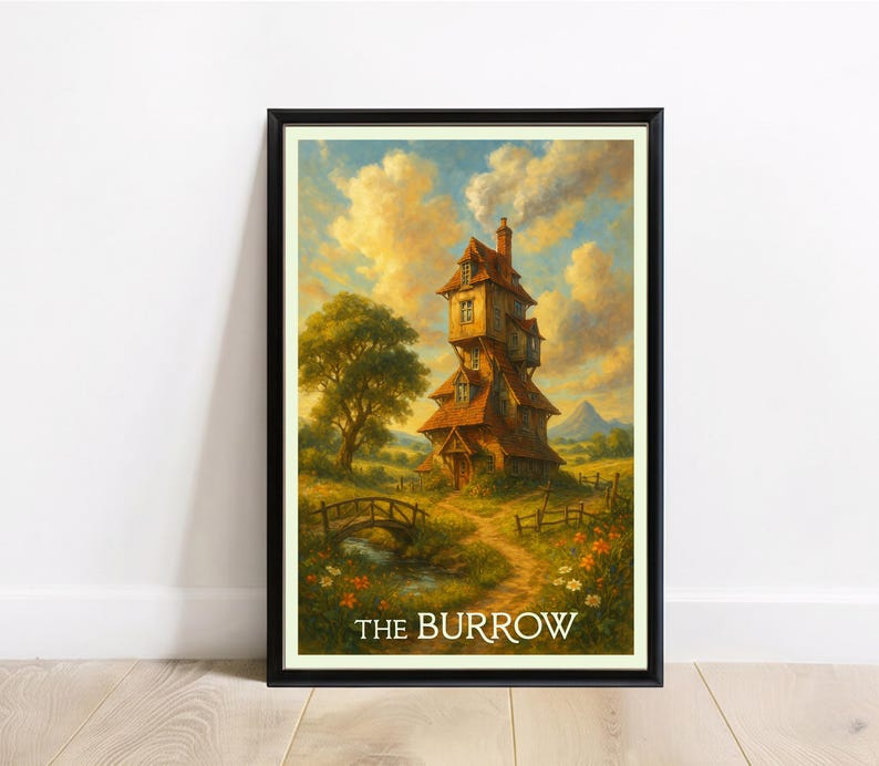 May include: Framed art print of a whimsical, multi-story house with a red roof, chimney, and a bridge over a stream. The artwork features a vibrant landscape with a tree, flowers, and the text "THE BURROW" at the bottom.