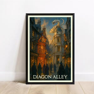 Impresión de póster de viaje del Callejón Diagon - Arte mural de la calle comercial del mago de Harry Potter - Escena de fantasía del mercado mágico - Descarga digital