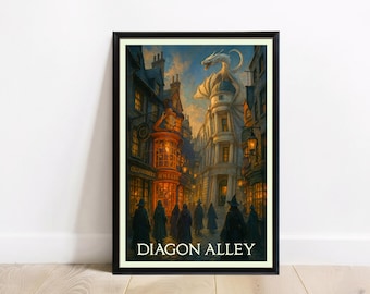 Travel Poster — Dark Alley Travel Poster Print Wizard Shopping Street Wall Art Magic Market Fantasy Scene Digital Download