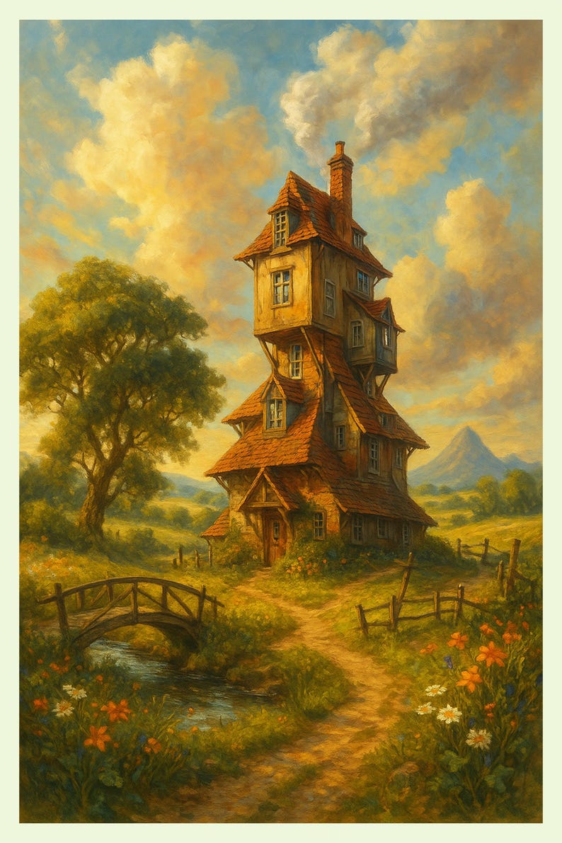 May include: An idyllic painting of a whimsical, multi-story house with a red tile roof, set in a lush, green landscape. A small wooden bridge crosses a stream in the foreground, with a path leading to the house. The sky is filled with golden clouds.