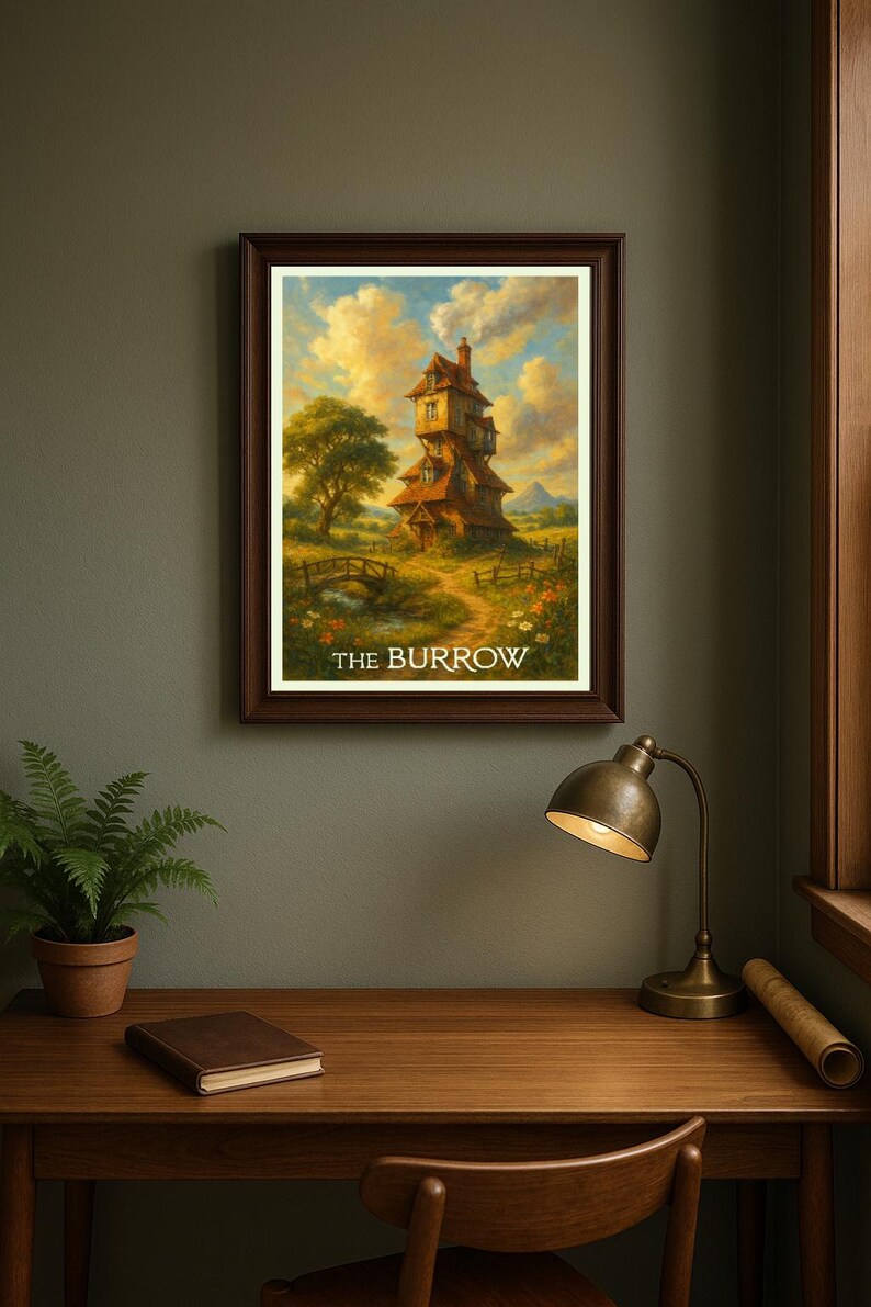 May include: A framed art print depicting a whimsical, multi-story house with a chimney, set against a backdrop of a blue sky with clouds. The text "THE BURROW" is at the bottom. The print is displayed on a wooden desk with a lamp and a potted plant.