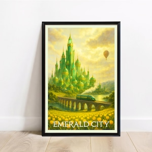 Emerald City Travel Poster Print – Wicked Wizard of Oz Wall Art – Green Castle Fantasy Skyline – Yellow Brick Road Scene – Digital Download