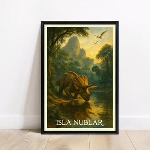 Isla Nublar Travel Poster Print – Jurassic Park Dinosaur Island Wall Art – Prehistoric Fantasy Scene – Digital Download