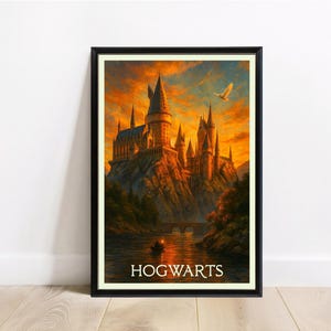 Impressão de pôster de viagem de Hogwarts - Arte de parede do castelo mágico de Harry Potter - Escola de magia ao pôr do sol - Download digital