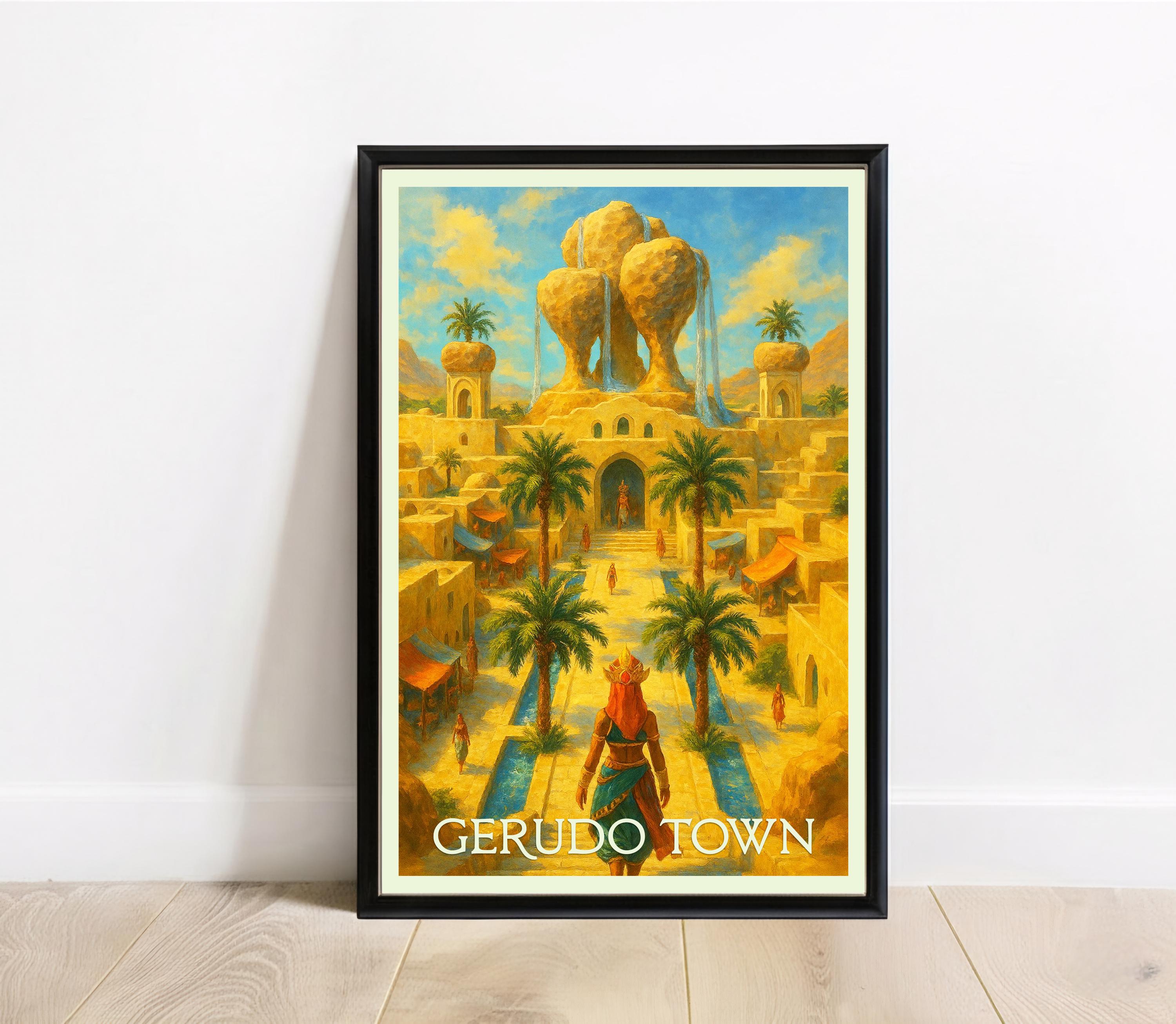 Gerudo Town Travel Poster Print - Legend of Zelda Desert Oasis Wall Art - Breath of the Wild Marketplace Scene - Digital Download