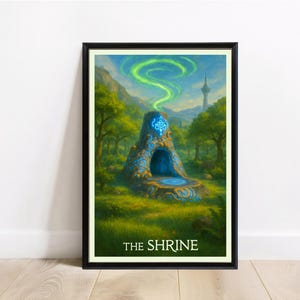 The Shrine Travel Poster Print – Legend of Zelda Ancient Tech Wall Art – Breath of the Wild Sheikah Shrine Scene – Digital Download