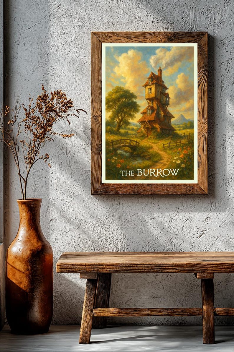 May include: A framed print of a whimsical house with a tall chimney, set in a vibrant landscape with a bridge and trees. The text "THE BURROW" is at the bottom. The frame is made of dark wood. A rustic wooden bench and a tall vase are in the foreground.